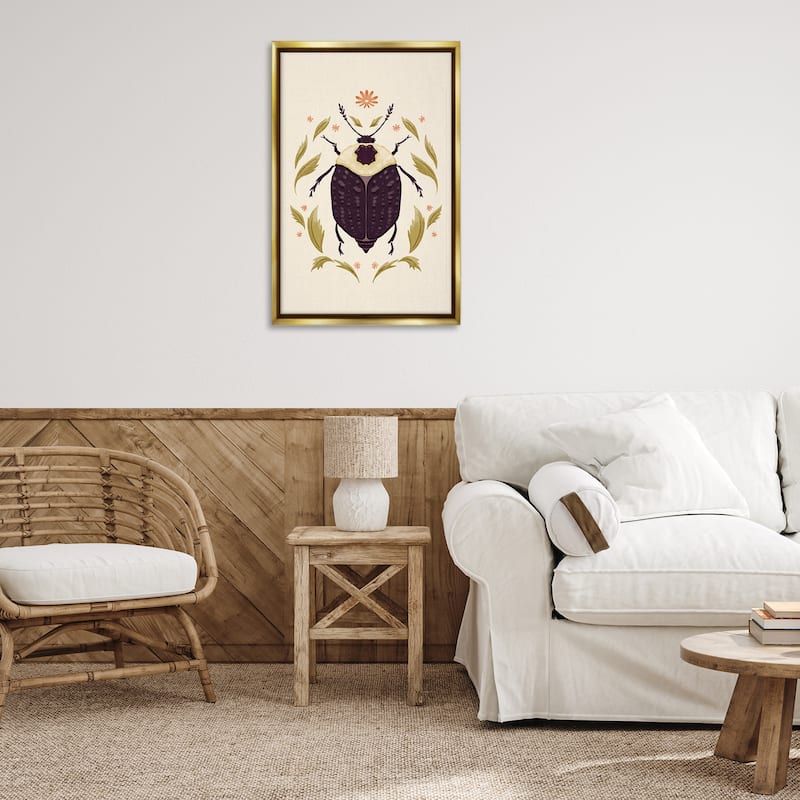 Stupell Black Beetle with Leaves Framed Floater Canvas Wall Art Design By Hannah Moren