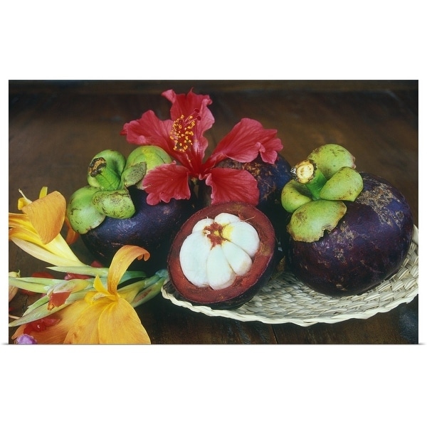 "Mangosteen fruit with tropical flowers" Poster Print