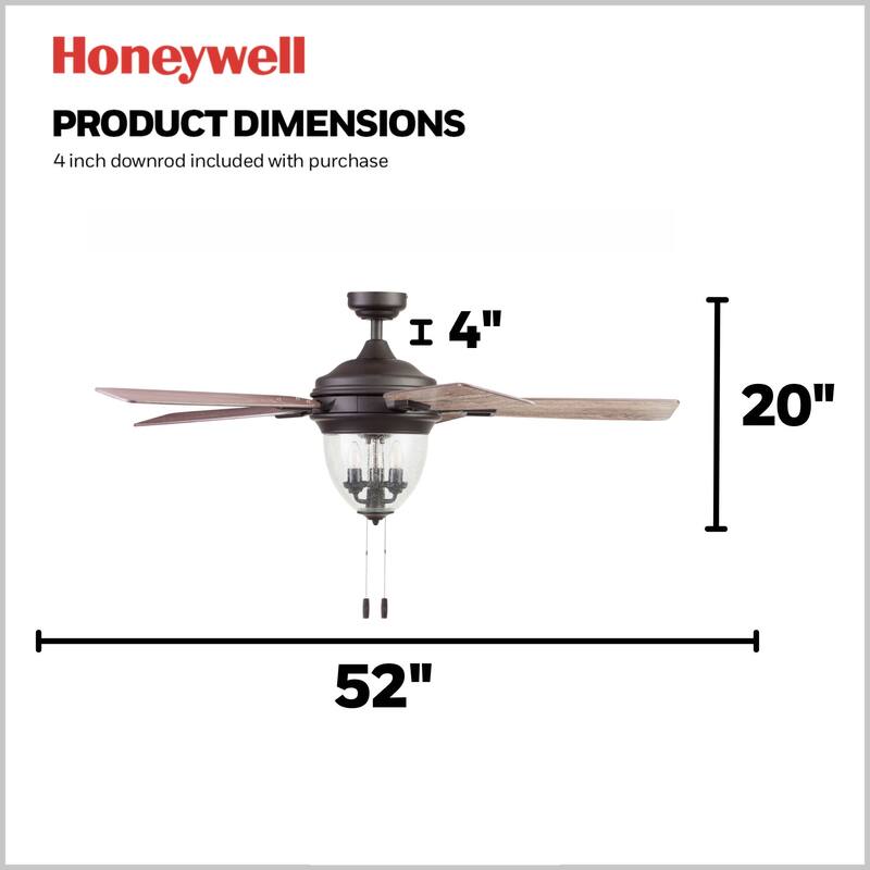 52" Honeywell Glencrest Espresso Indoor/Outdoor LED Ceiling Fan with Light, Pull Chain, ETL Damp Rated