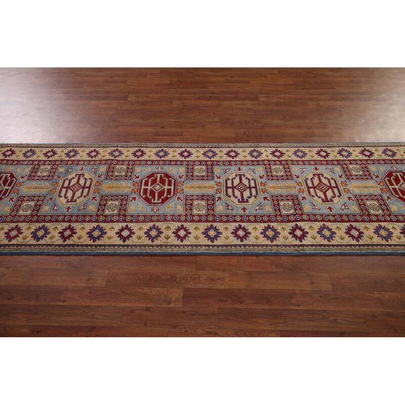 Blue Kazak Oriental Runner Rug Hand-Knotted Wool Carpet - 2'7" x 20'7"
