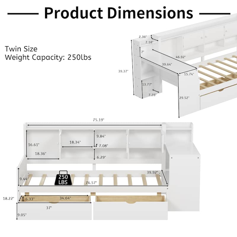 Multi-Functional L-Shape Bed with Storage Drawers and Built-In Bookshelf