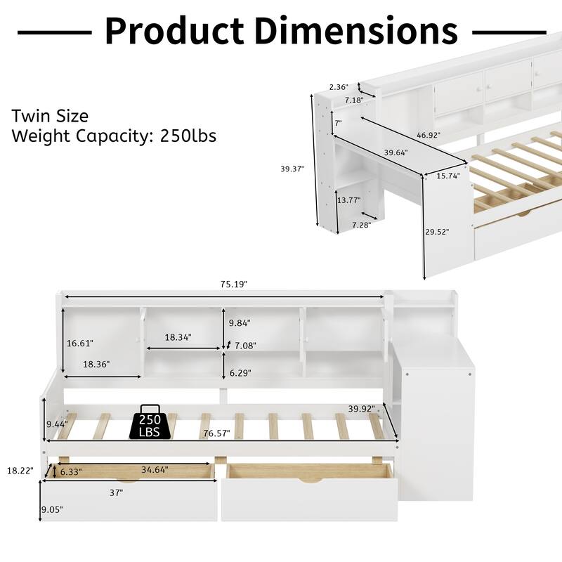 Wooden L Shaped Daybed with Bookcase and 2 Drawers, Multi-functional Corner Platform Sofa Bed Frame with Built In Desk