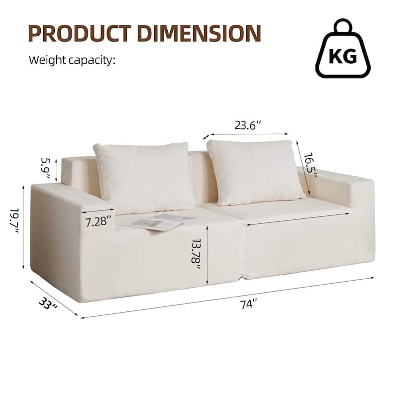 Sofa Couch with Two Pillows for Home Office, Square Armrest Upholstered Accent Sofa, Living Room 2 Seater Couch