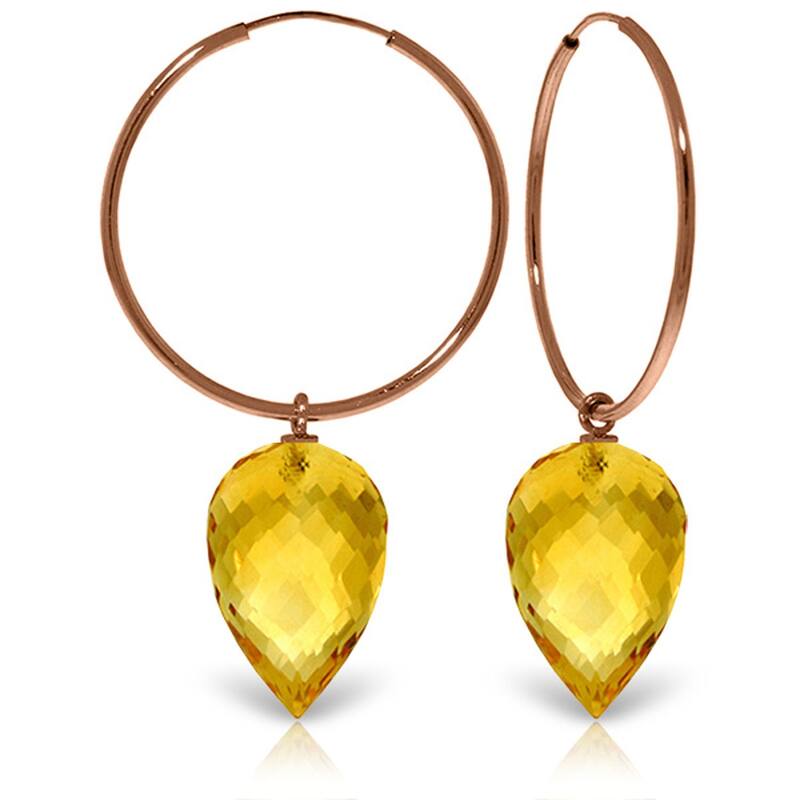 14K Solid Gold Hoop Earrings w/ Pointy Briolette Drop Citrines