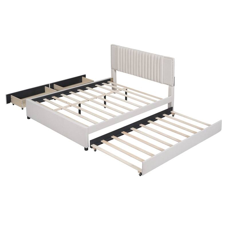 Linen Upholstered Platform Bed with 2 Drawers and Trundle,Queen/Full Size