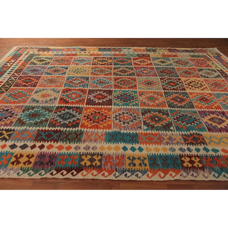 Geometric Kilim Oriental Rug Flatweave Wool Carpet - 9'7"x 12'10"
