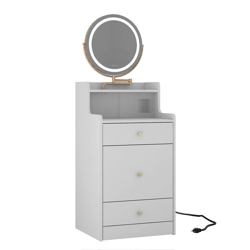 3 in 1 Vanity Desk With mirror and light ,Small makeup vanity set with charging station, 2 drawers , upholstered stool