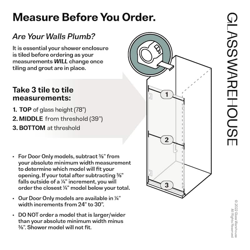 25.5 in. W x 78 in. H Fully Frameless Hinged Shower Door - Width Adj 25.875 - 26.275