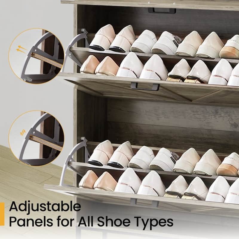 AVAWING Freestanding Farmhouse Shoe Cabinet - 2 Flip Drawers & Adjustable Shelves, Entryway Slim Storage with Side Hooks.