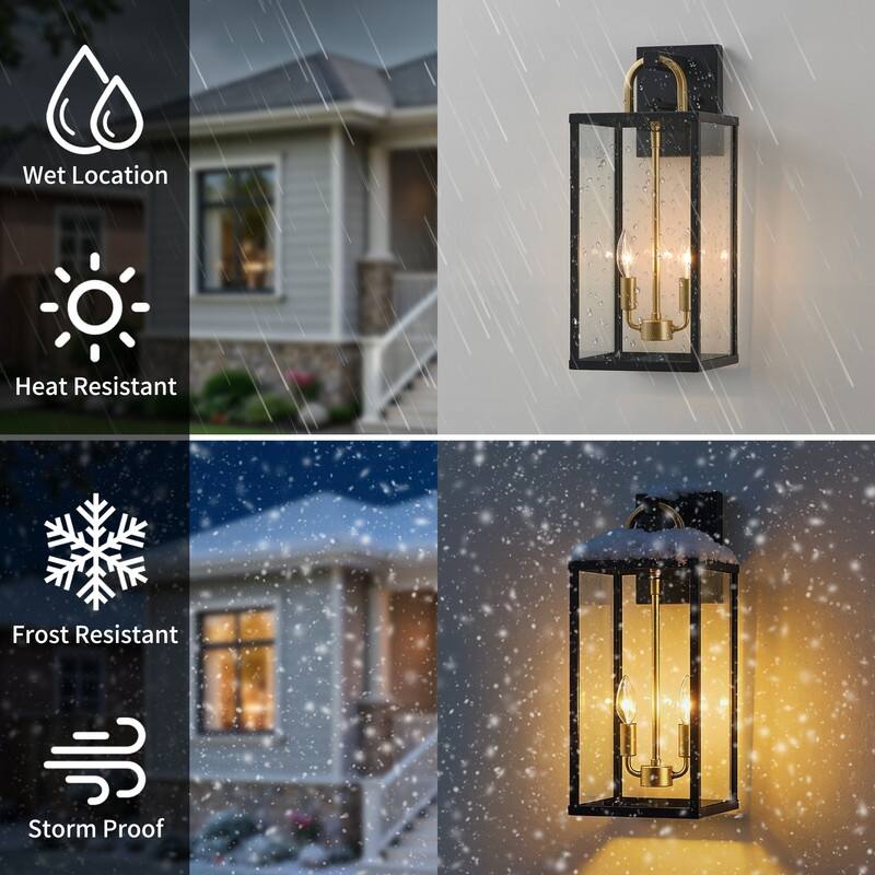 KAWOTI 2-Light Black & Gold Outdoor Lantern Wall Light - W8.25" x H20" x D9.5"