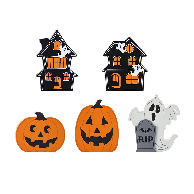Glitzhome Set of 5 HAPPY HALLOWEEN Wooden Haunted House, Pumpkin & Ghost Table Block Set