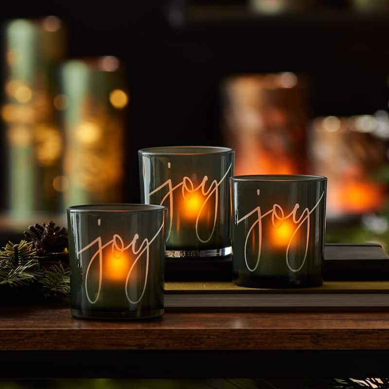 "Joy" Glass Votive Christmas Candle Holders - 3" - Set of 3