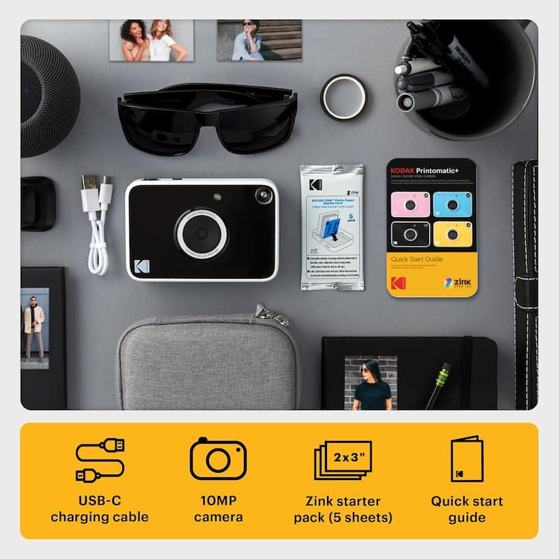 KODAK Printomatic+ Instant Camera Bundle 10MP w/ Black Case & 20 Zink Paper
