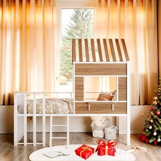 House-shaped Design Twin size Metal Loft Bed with Roof, Window, Guardrail, Ladder,Stable Metal Bed Frame