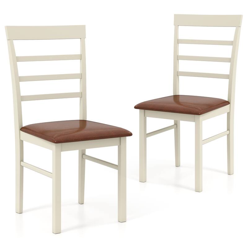 White Rubber Wood PU Leather Dining Chairs Set of 2 with Padded Seats - 17" L x 19.5" W x 37" H - White-Brown