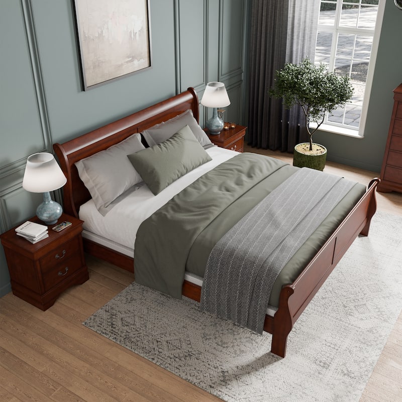 Furniture of America Devi Traditional Solid Wood 3-Piece Bed and 2 Nightstand Bedroom Set - Cherry - King