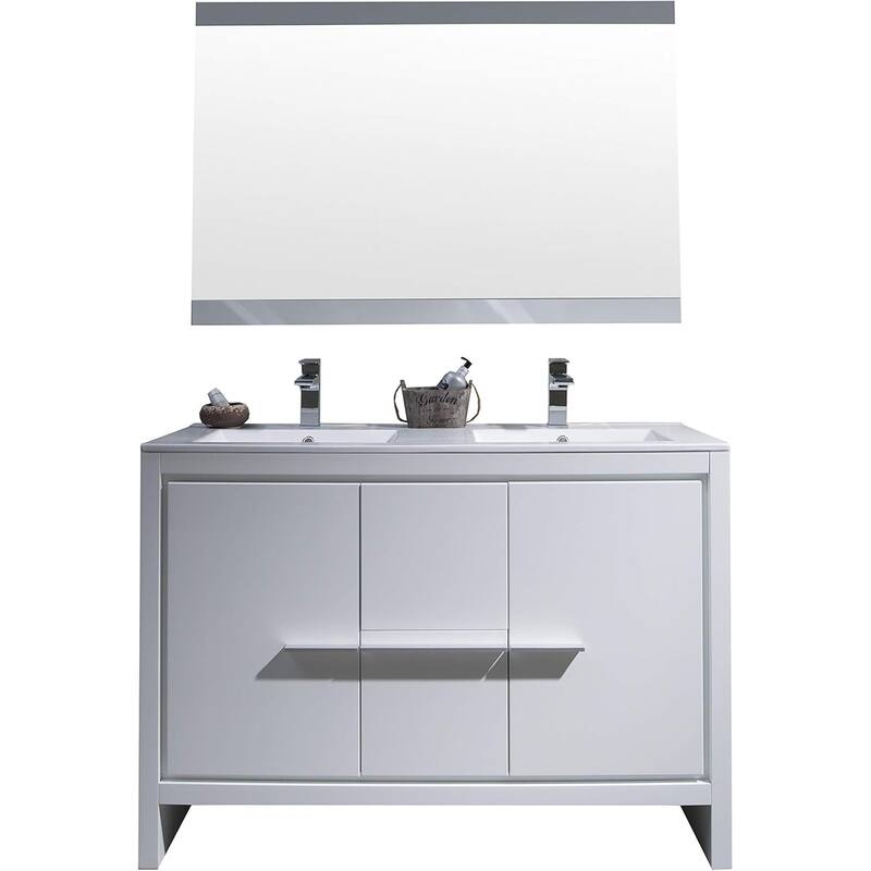 Blossom 48-Inch Double Bathroom Vanity Set with Ceramic Sinks & Mirror - Glossy White
