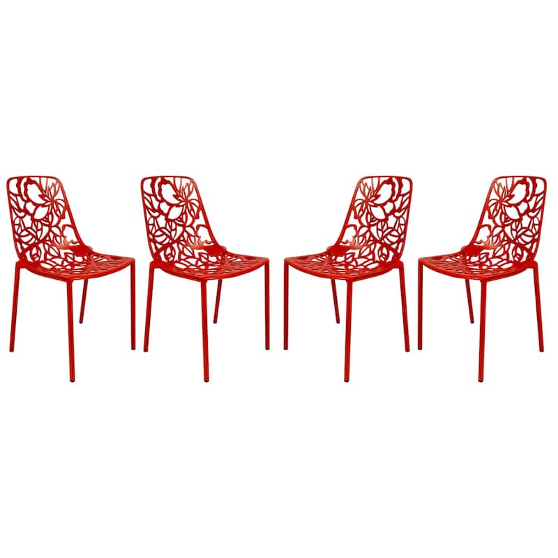 Devon Stackable Outdoor Aluminum Dining Chair with Floral Cutout, UV-Protected, Weather-Resistant Patio Seating - Red