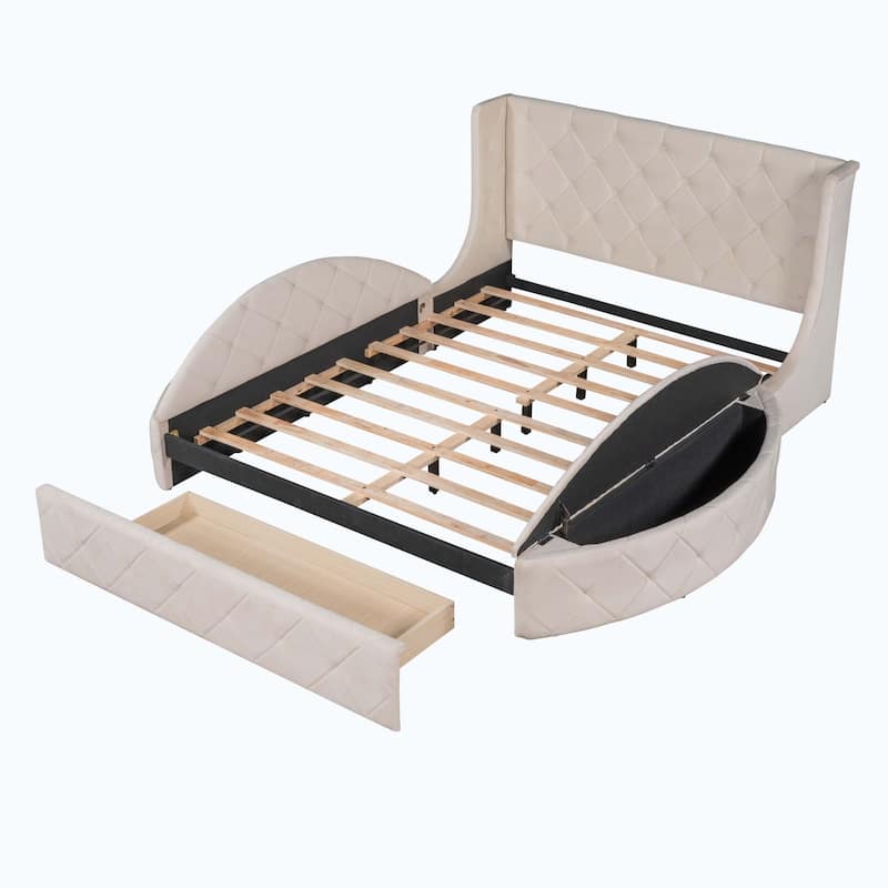 Queen Size Upholstered Platform Bed with Wingback Headboard and 1 Big Drawer,2 Side Storage Stool