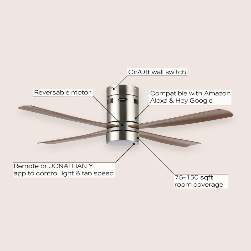 Remy 52" 1-Light Contemporary Iron/Acrylic Mobile-App/Remote-Controlled 6-Speed Integrated LED Ceiling Fan, by JONATHAN Y