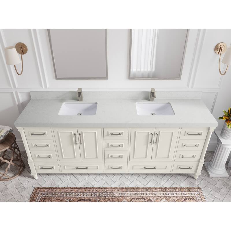 Willow Collections 84 in. W x 22 in. D Aberdeen Double Bowl Sink Bathroom Vanity with Countertop - 2" Carrara Quartz - Ivory