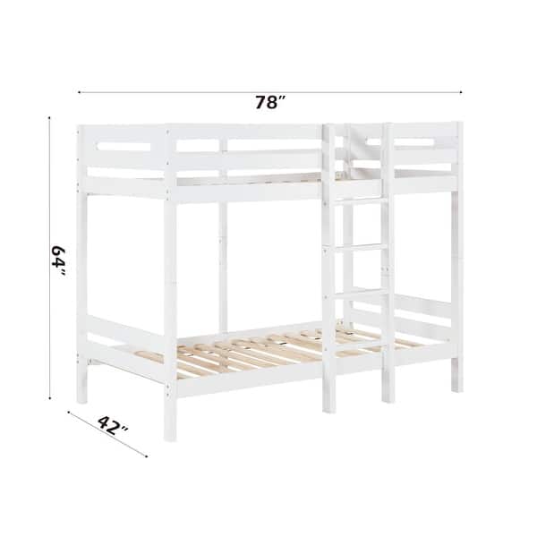 White Twin over Twin Wood Bunk Bed with Ladder and Fence