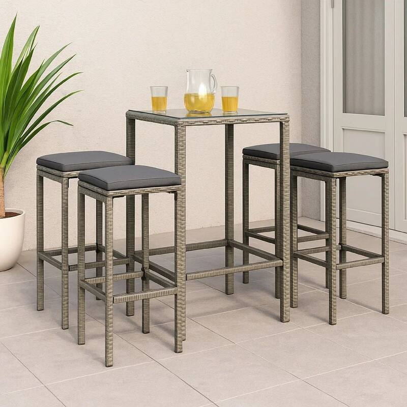 Vian Outdoor Barstool Set of 2, Gray Poly Rattan and Polyester Seats