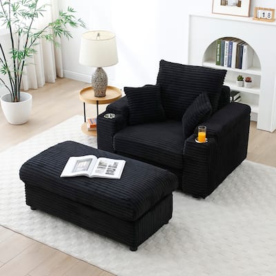 Black Accent Chair Single Sofa Chair Reading Chairs Armchair w/ Ottoman