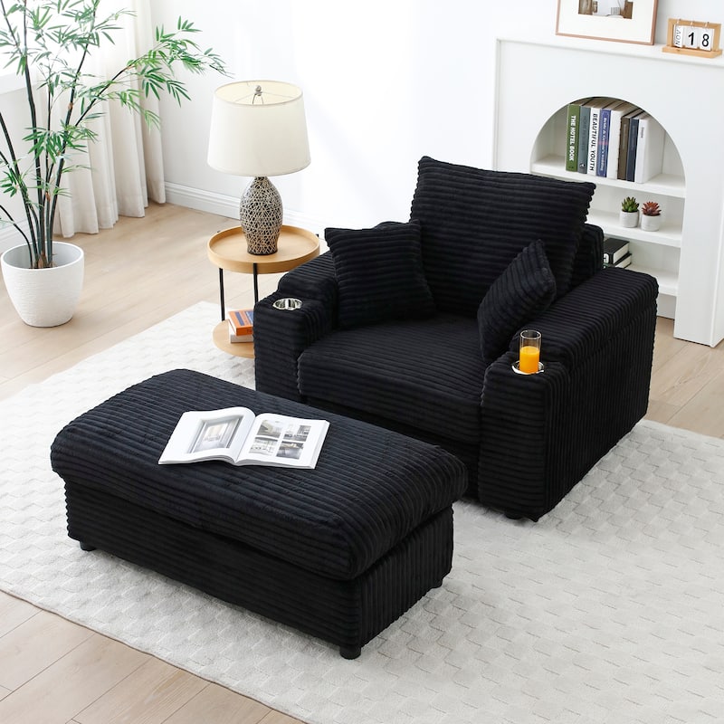 Oversize Accent Chair with Storage Ottoman,Corduroy Fabric Single Sofa,Deep Seat Lounge Armchair with Extra Wide Armrests - Black