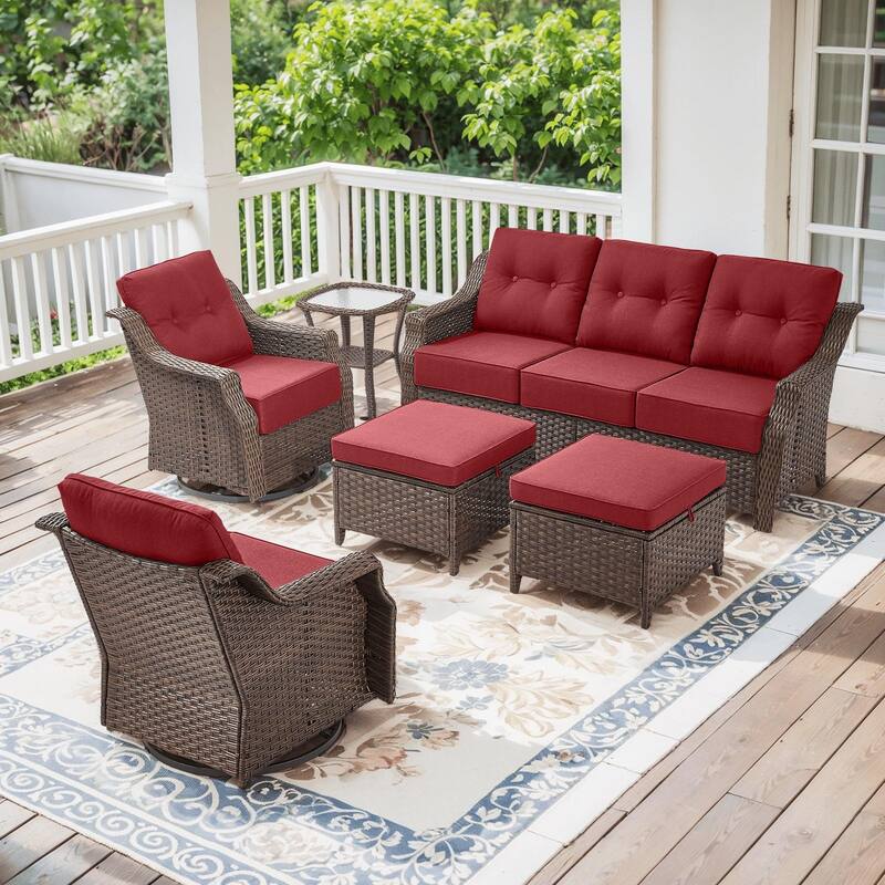 Outdoor Wicker Rattan Sofa Set for Garden - Brown Wicker & Red Cushion - 6PCS Sofa Glider Chair with Ottoman