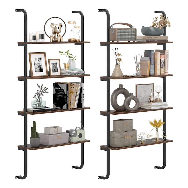 Set of 1/2 Wall Mounted Pipe Shelving Unit 4-Tier Ladder Bookshelf - Rustic Brown - 2 pcs