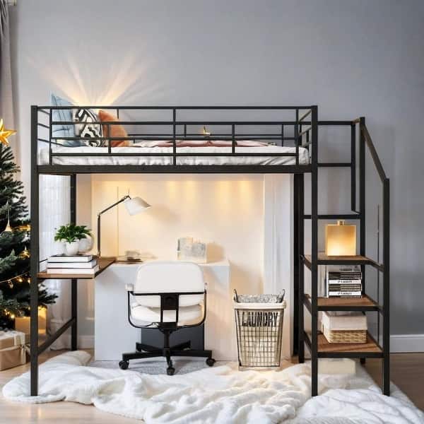 slide 2 of 15, Artsy Full Size Metal Loft Bed with Desk and Metal Grid, Stylish Metal Frame Bed with Lateral Storage Ladder and Wardrobe, Black Black