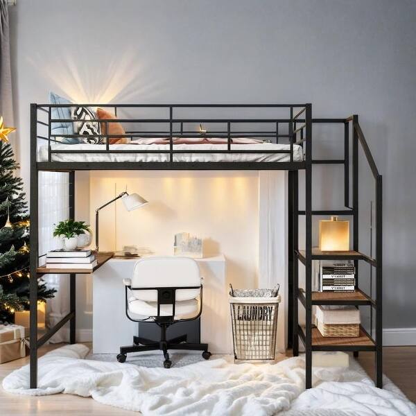 Artsy Full Size Metal Loft Bed with Desk and Metal Grid, Stylish Metal Frame Bed with Lateral Storage Ladder and Wardrobe, White