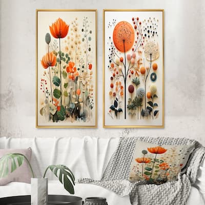 Designart "Colorful Botanical Pointillism" Abstract Botanicals Framed Wall Art Set Of 2 - Wall Set For Home Decor