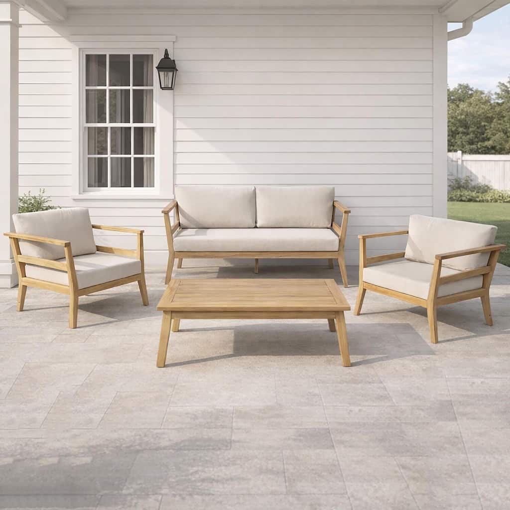 Christopher Knight Home - Calix Patio Acacia Wood 4 Piece Conversation Set with Cushion