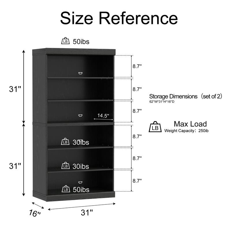 62" Solid Wood 6-Shelf Bookcase Storage with Adjustable Shelves