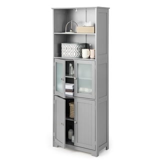 Bathroom Cabinet, Linen Storage Cabinet with Doors & Open Shelves, Wooden Floor Cabinet with ...