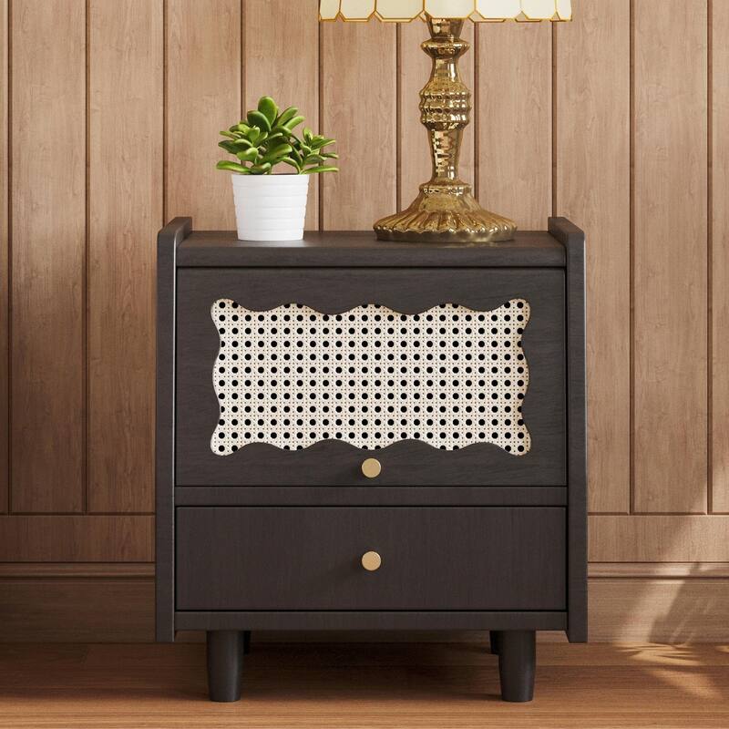 Wooden Nightstand with Rattan Storage Cabinet and 1 Drawer