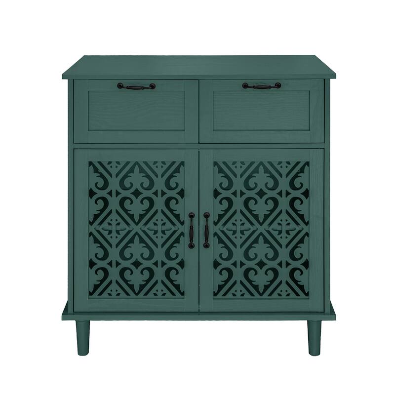 Cabinet with 2 Carved Pattern Doors & 2 Drawers, Small Entryway Storage Table, Accent Cabinet with Metal Handles & Wooden Legs