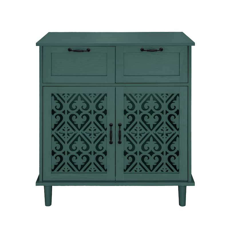 Roomfitters 2 Door 2 Drawer Storage Cabinet, Accent Sideboard Buffet Cabinet with Carved Doors, Dark Green