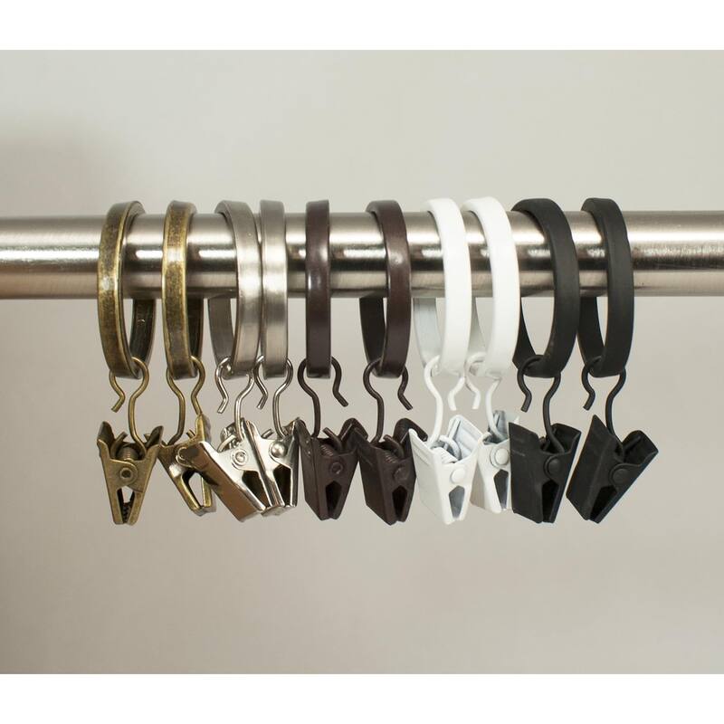 Set of 7 Zinc Cast Curtain Drapery Flat Rings with Clips 1 1/8" Inch Inner Diameter - Black