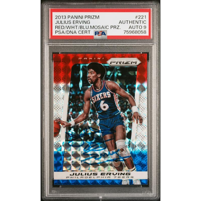 Julius Erving 2013 Panini Prizm Red White Blue Mosaic Card #221 Auto PSA 9 - 8'6" x 11'6"