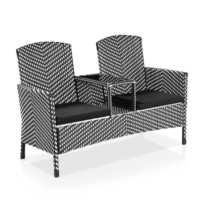Lulu French Wicker Patio Loveseat with Built-in Glass End Table by Furniture of America