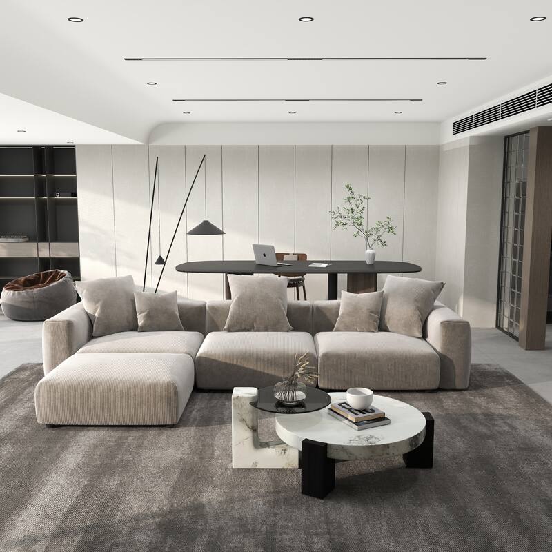 142" L-shape Oversized Corduroy Sectional Sofa Classic Deep Couch with Ottoman