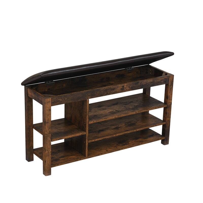 Height-Adjustable Rubberwood Shoe Bench with Storage - Vintage Style Entryway Organizer