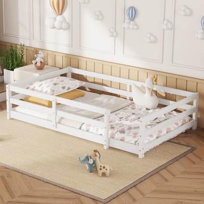 Toddler Montessori Bed Kids Floor Bed Frame with Fences, No Slats Wood Frame Bed for Kids Girls Boys Children's Room