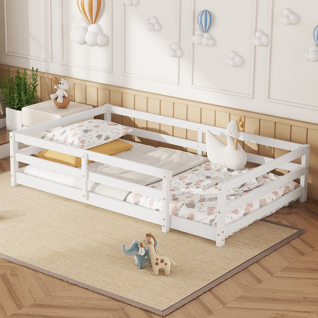 Twin Size Floor Bed with Fence, Pine Wood Montessori Bed for Kids, Easy Assembly, White