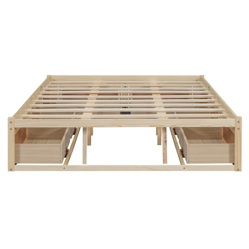 Queen Size Platform Bed Frame with 6 Built-In Storage Drawers, No Headboard, Low Profile Design in Antique