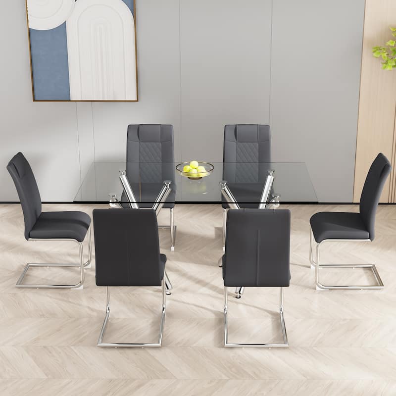 Leather Dining Chair Set of 6 Office Chair with C-Shaped Metal Legs