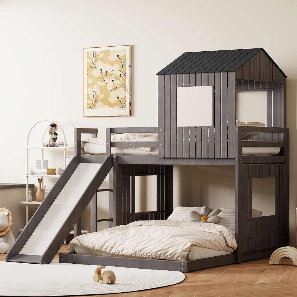 Wooden Twin Over Full Bunk Bed, Loft Bed with Playhouse, Farmhouse, Ladder, Slide and Guardrails, Antique Gray